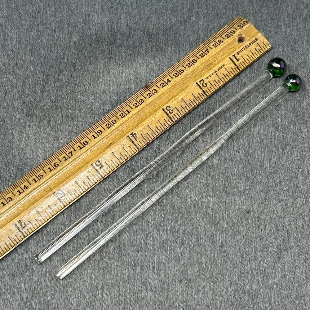 VTG Two Glass Stir Sticks Round Green Carnival Glass Ball Clear Swizzle Rods 7